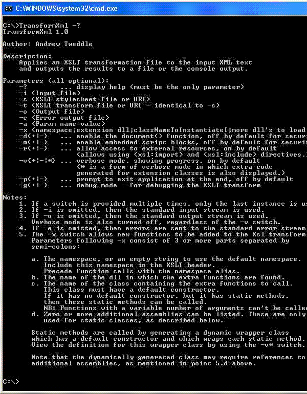 TransformXml command line options