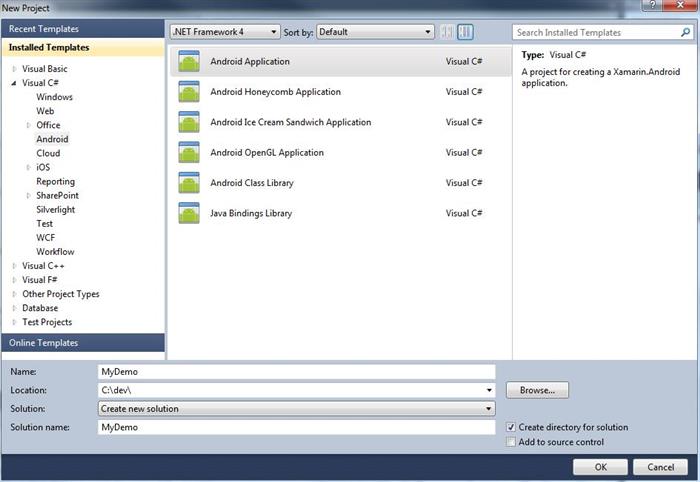 visual studio android template projects