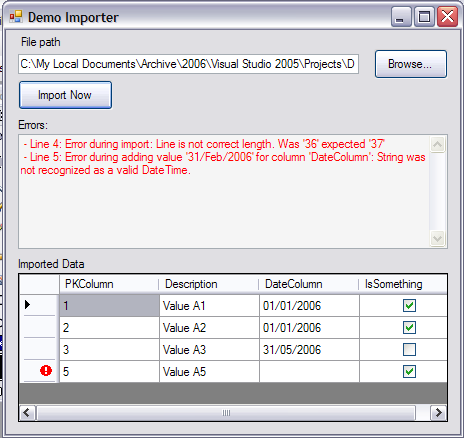 Screen shot of the form used by the user to import a file