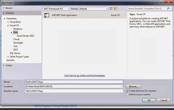 Visual studio templates. Project.net. Installed Templates. Asp MTK.