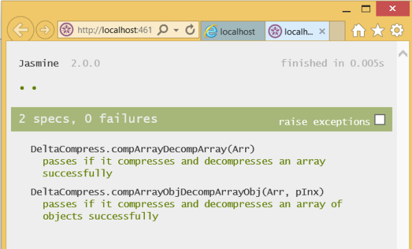 Jasmine execution results in an ASP.NET page testing a simple JavaScript library