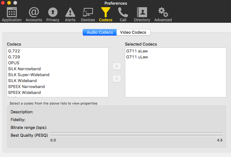 Used audio codecs for the Zoom.us service in Bria