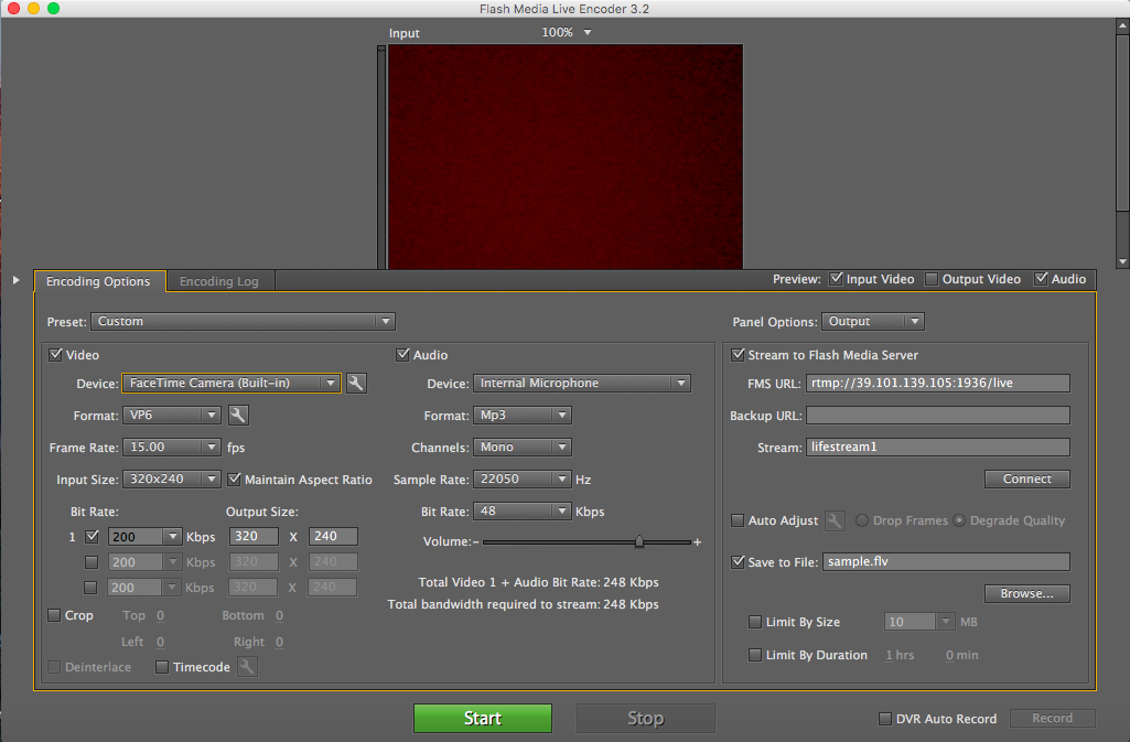 Adobe Flash Media Live Encoder window