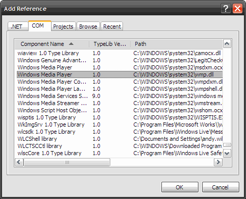 Selecting the COM reference for Windows Media Player