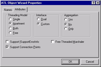 The Attributes tab of the ATL Object Wizard Properties dialog when we're done changing settings.