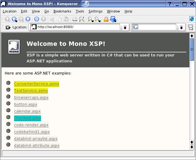 XSP web server on Linux showing ASP.NET examples pages.