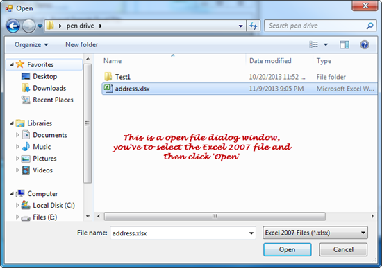 Select Excel 2007 File