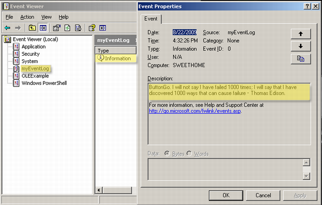 How to write custom eventlog in c