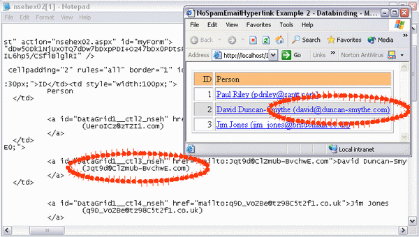 A DataGrid incorporating the NoSpamEmailHyperlink and a snapshot of the generated HTML