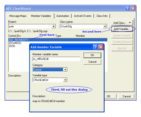Screenshot of ClassWizard, showing how to add a member variable of type CRichEditCtrl