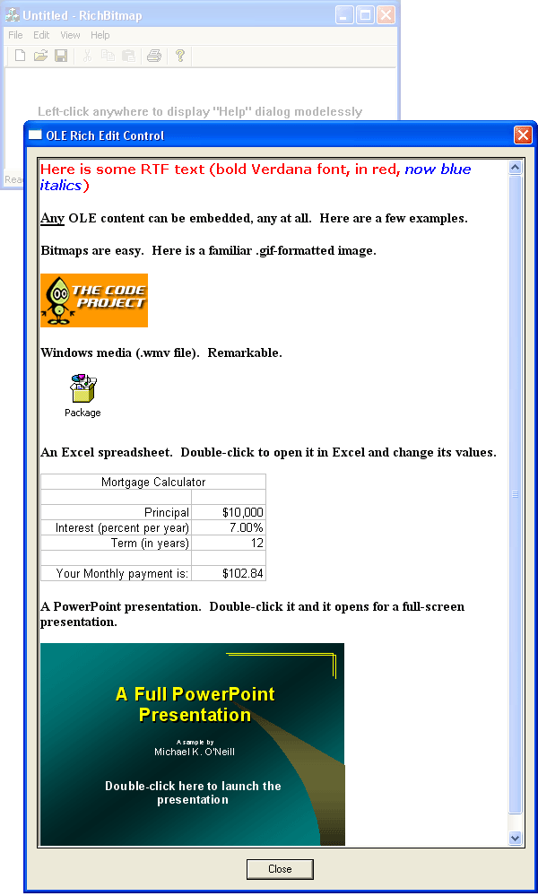 Bitmaps and other OLE objects displayed in a rich edit control