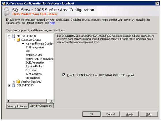 Enable OPENROWSET and OPENDATASOURCE SUPPORT  from the Surface Area Configuration 