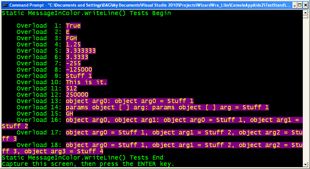 Figure 1 is the 1st of 4 screens that use four similar sets of methods to write in color. This first screen demonstrates the color version of Console.WriteLine, which I called MessageInColor.WriteLine, which is static, but requires two extra arguments.