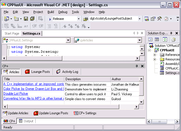 Screenshot of CP+ in action, Article tab displayed with surrounding VS.NET IDE