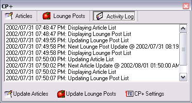 Screenshot of CP+ in action, Activity Log tab displayed without surrounding VS.NET IDE