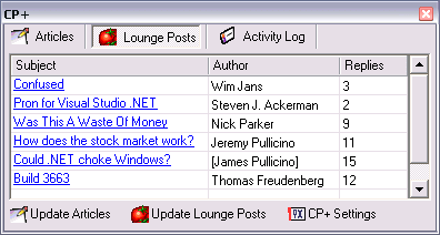 Screenshot of CP+ in action, Lounge Posts tab displayed without surrounding VS.NET IDE
