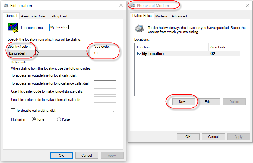 Set the Location (Country & Area code) from the Phone and Modem Window