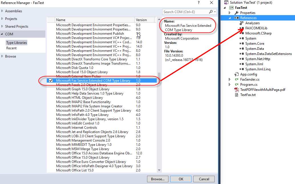 Add “Microsoft Fax Service Extended COM Type Library” in the References