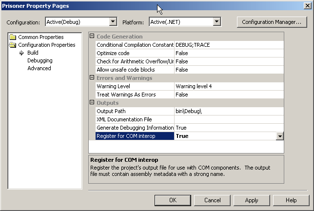 Test properties. Configuration properties. ACTIVEX. Codeproject. Low Level Trace debug info.