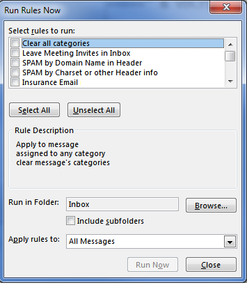 Outlook's Run Rules Now dialog