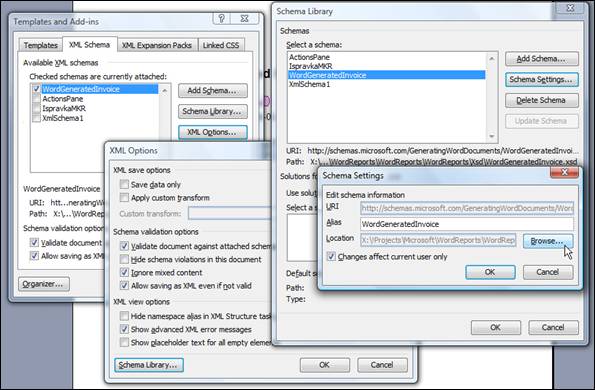 Figure 12 – Dialogs (from left to right) that visualy show path to Browse... option