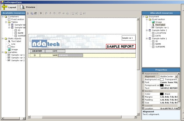 ReportPrintingFramework designer's layout sample