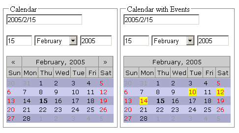 Screenshot of the calendar in two different operating modes