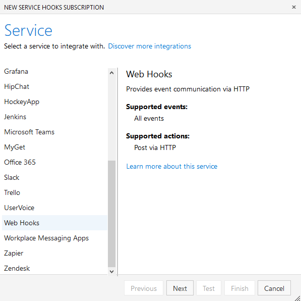 Service Hook Selection in Azure DevOps