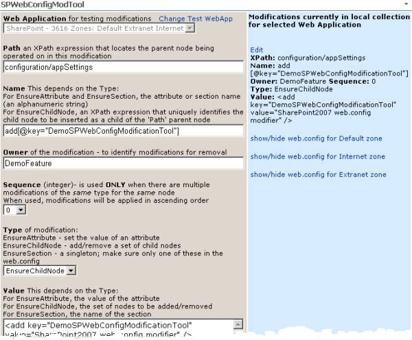 screenshot of top of SPWebConfigModification Tool web part