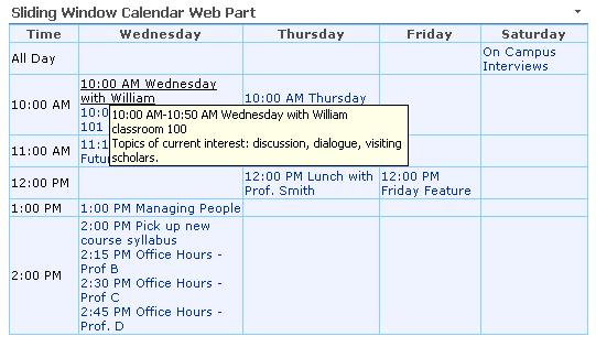 screenshot of Sliding Window Calendar Web Part