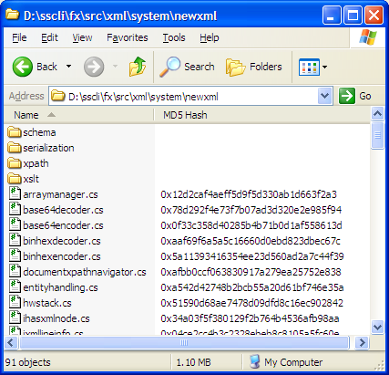 Windows Explorer showing an MD5 column handler shell extension