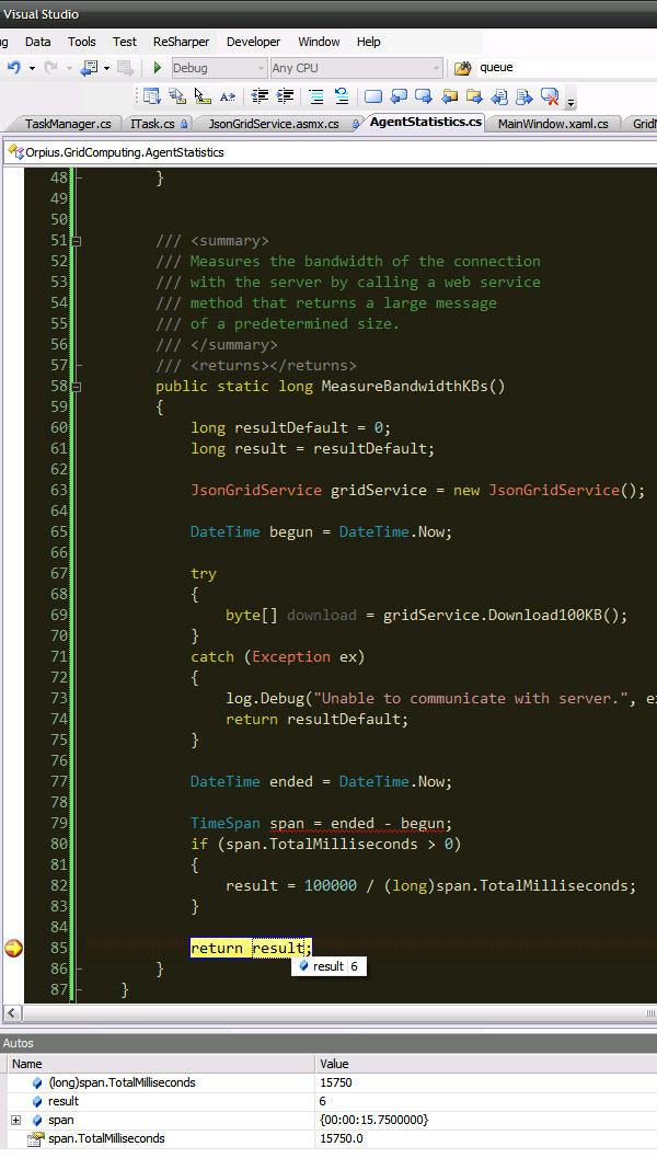 Bandwidth shown while debugging.