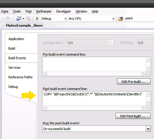 Post build event to copy output assembly.