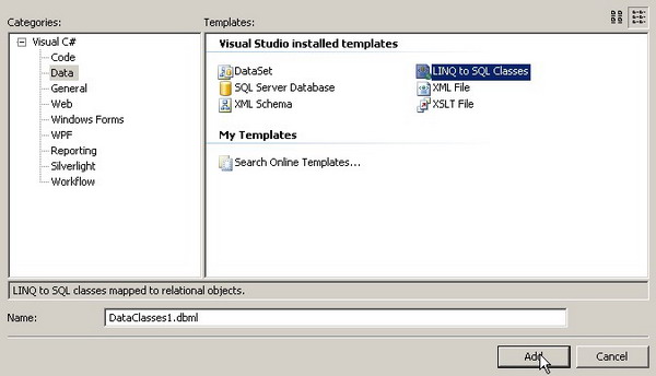 Adding a new LINQ Data Classes object