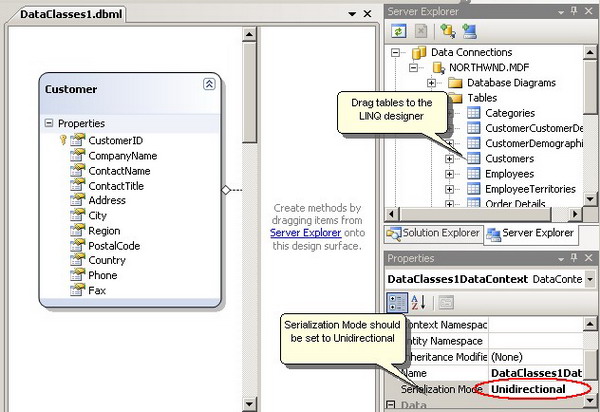 LINQ Designer: Adding tables and enabling serialization