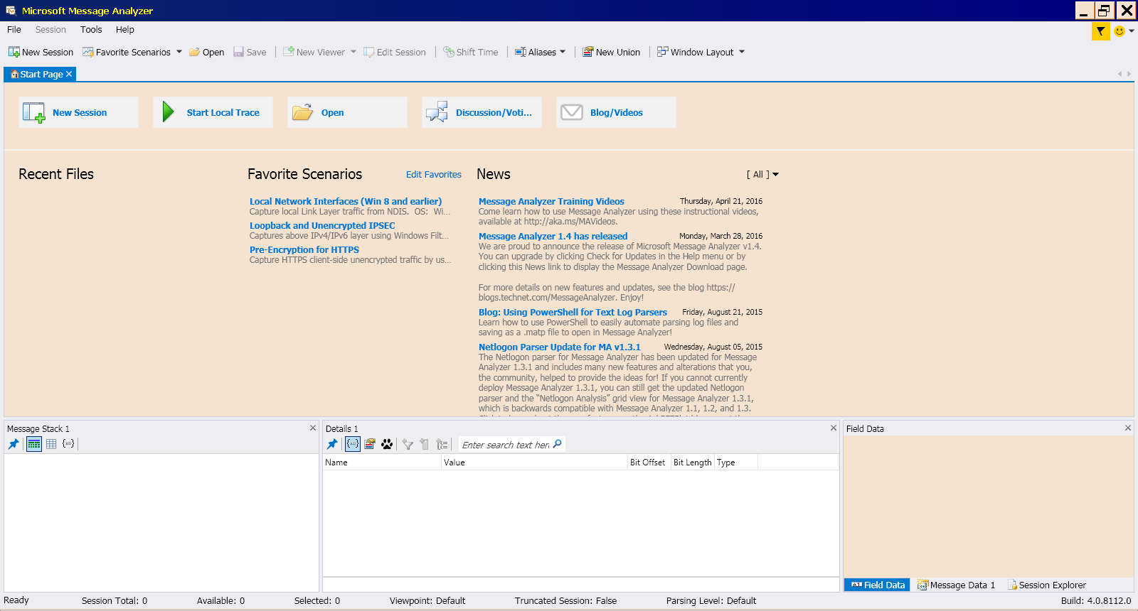 Figure 12 shows the main window displayed by the Microsoft Message Analyzer when it starts.