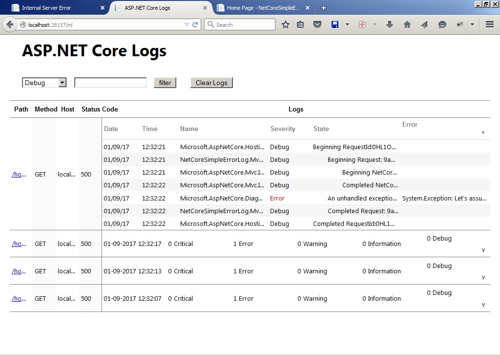 the error list shown by MVC logger