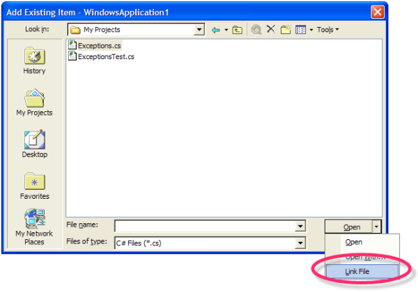 linking to a single copy of Exceptions.cs in Visual Studio