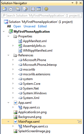 MyFirstPhoneApplication solution expanded.