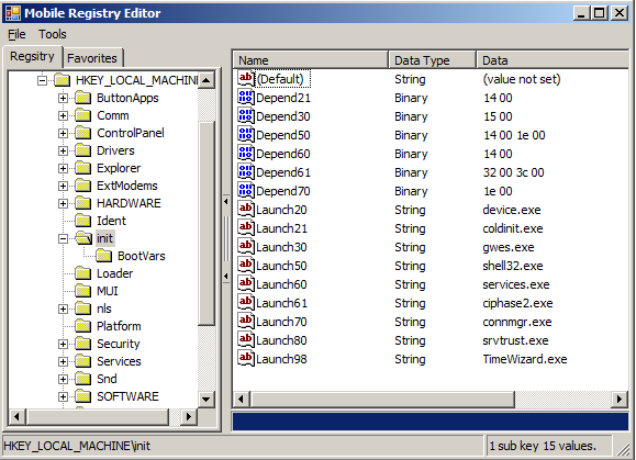 Screen shot of Windows Mobile Registry