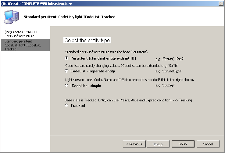 Select entity type dialog